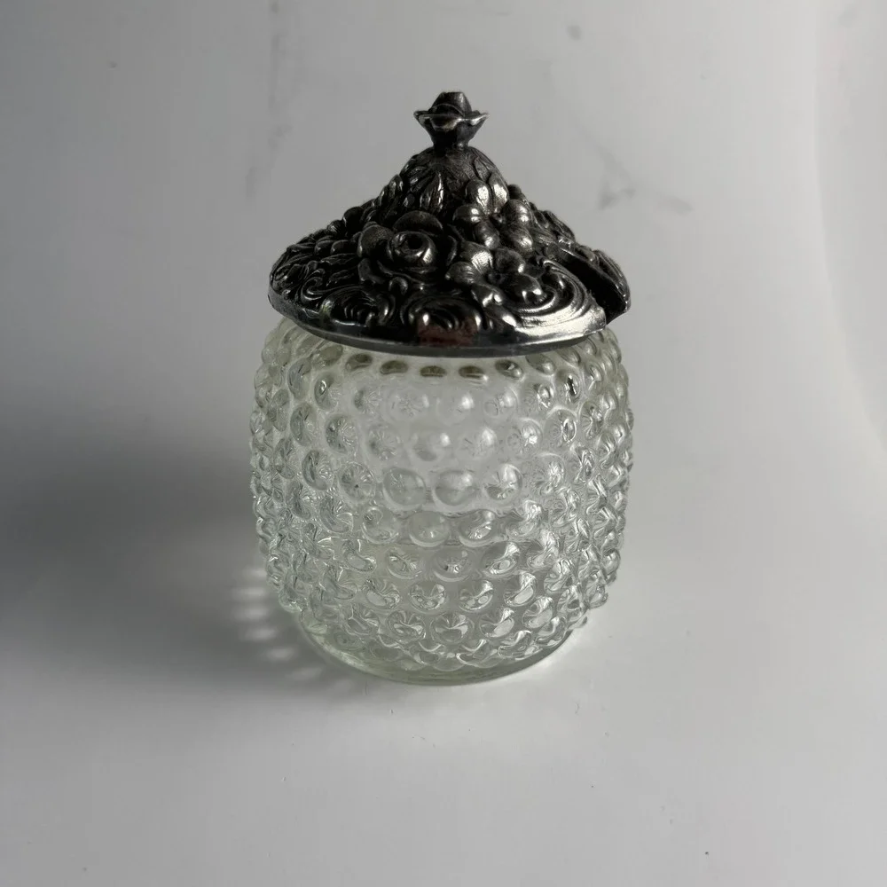 Hobnail Clear Glass Jam Honey Jar Ornate Floral Silver Tone Lid C105 WB 5in